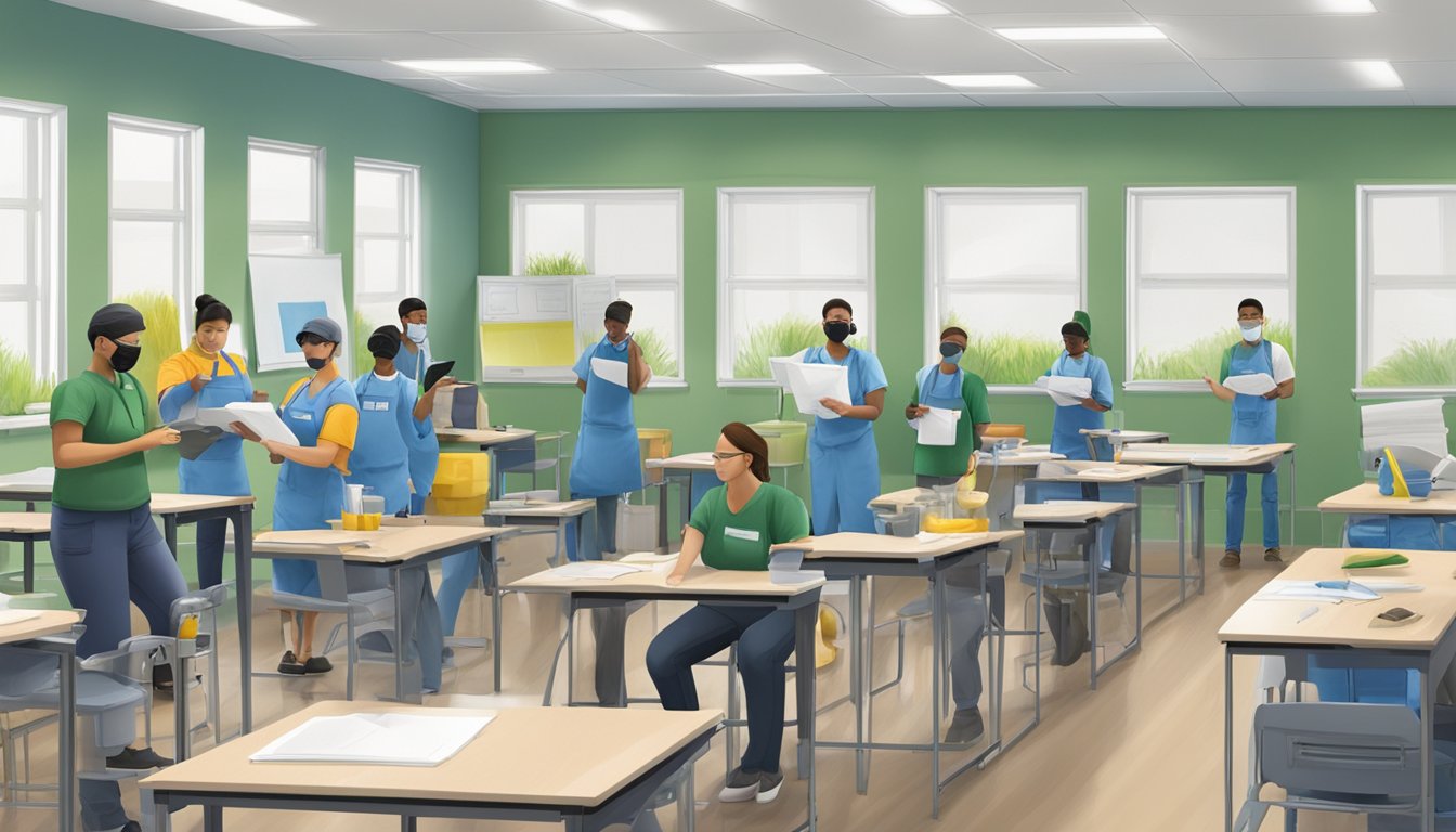 A classroom setting with instructors demonstrating mold remediation techniques. Students actively engaged in hands-on training with equipment and materials. Certificates and educational materials displayed on the walls