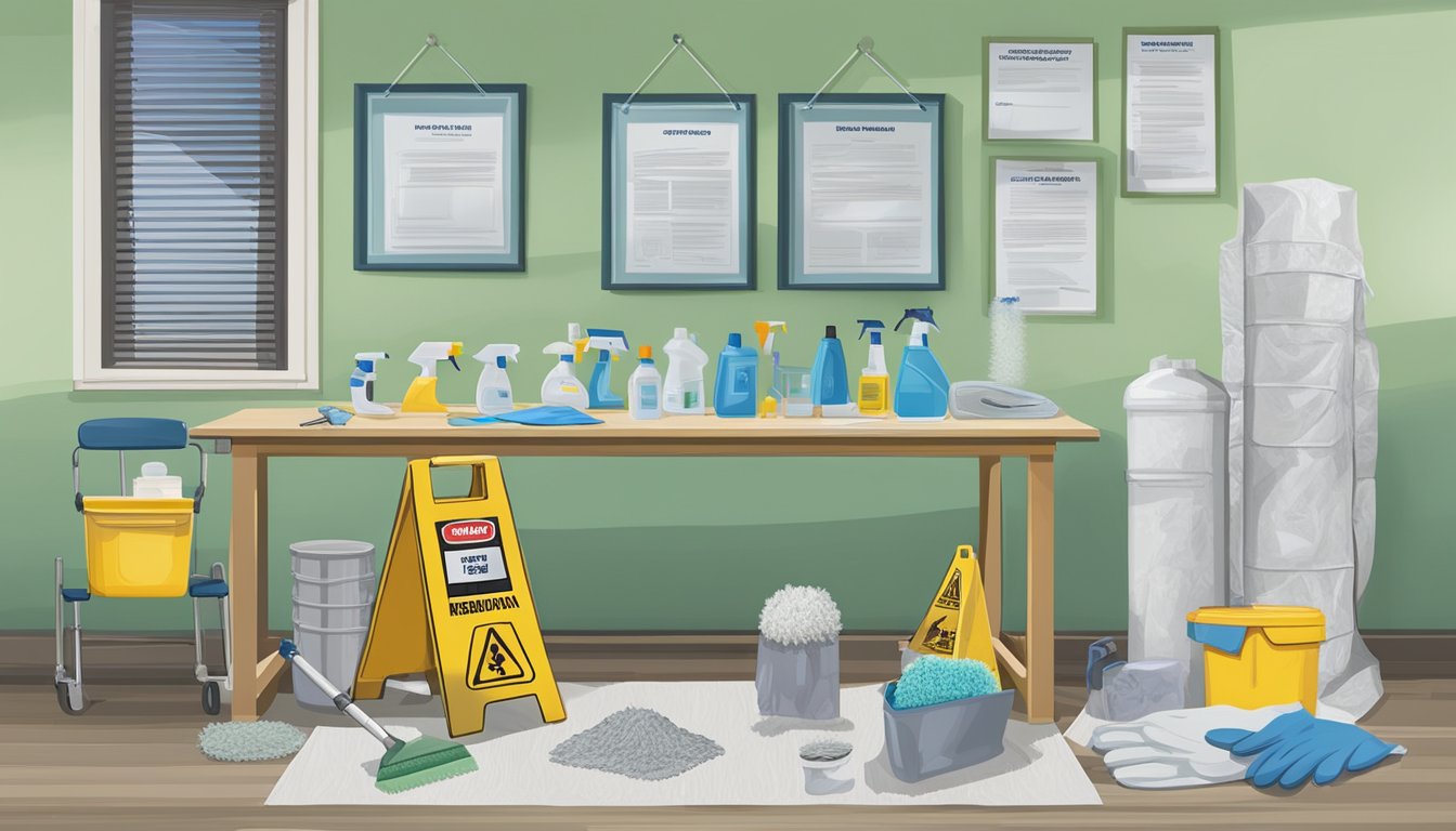A table with mold remediation equipment and safety gear, including respirators, gloves, and cleaning supplies. A poster on the wall displays the steps for proper mold remediation