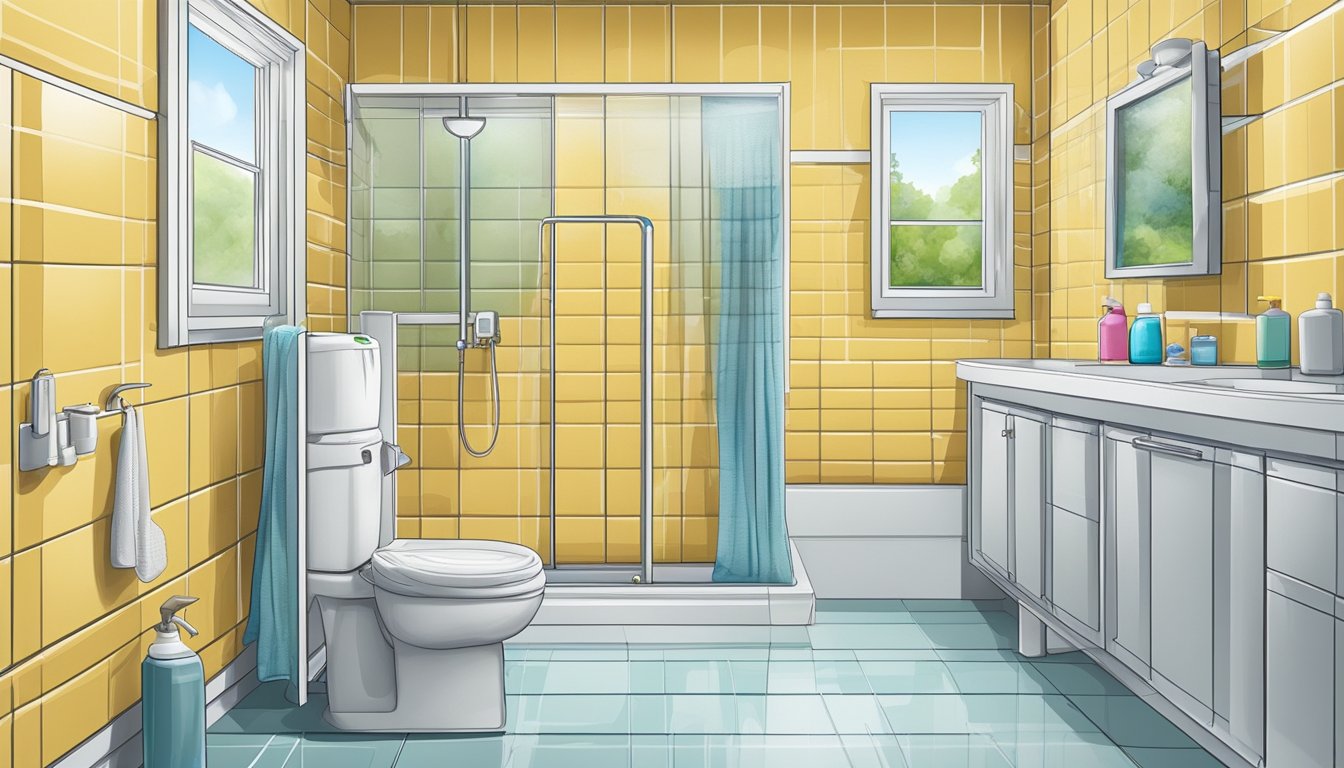 A clean, well-ventilated bathroom with sealed grout, dry surfaces, and no visible mold growth. Properly stored cleaning supplies and a dehumidifier in use