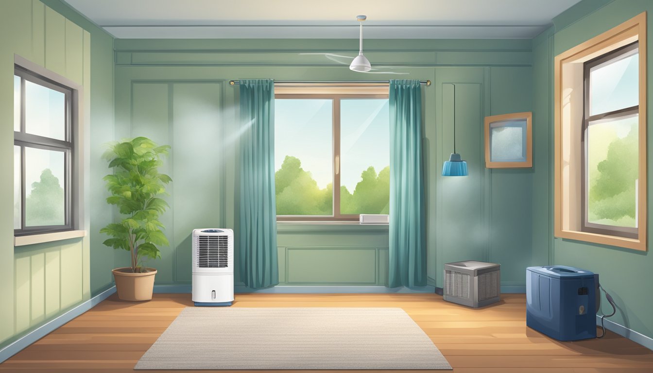 A well-ventilated room with a dehumidifier and open windows. No signs of mold growth on walls or surfaces