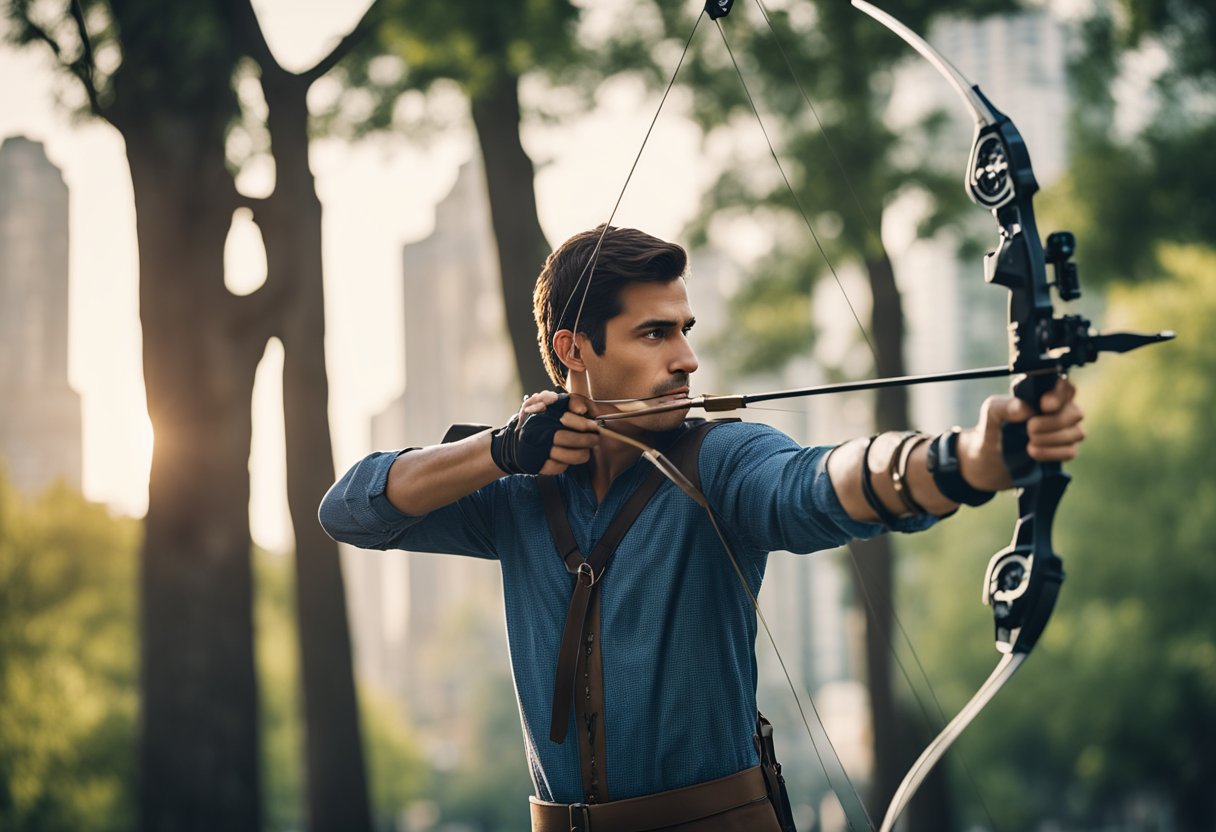 An archer draws a bow in a city park, aiming at a target amidst urban buildings and trees