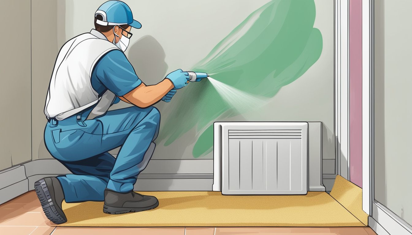 A maintenance worker applies mold-resistant sealant to a repaired wall, while a dehumidifier runs in the background