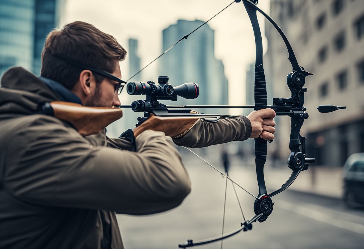 An archery hunter aims at a target within city limits, surrounded by buildings and urban landscape