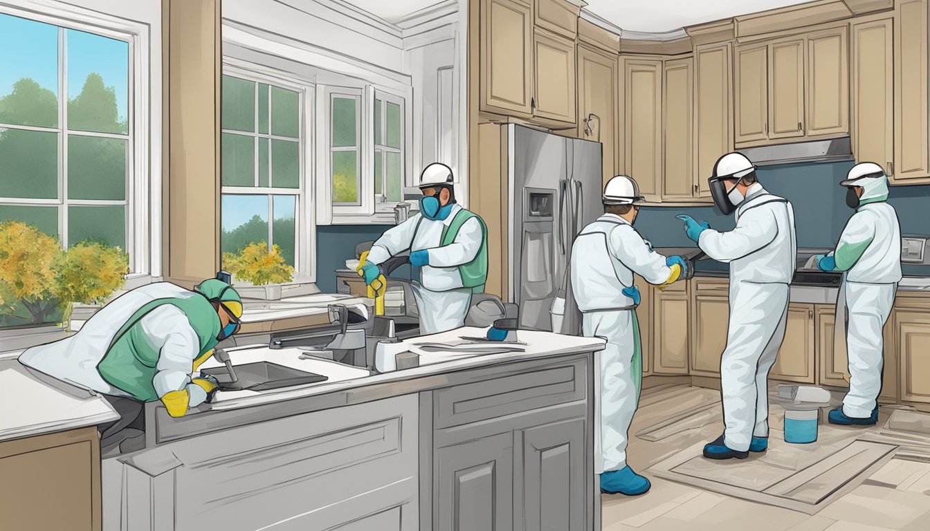 A professional team uses specialized tools to inspect and treat a mold-infested area. They implement preventive measures to ensure mold does not recur after remediation