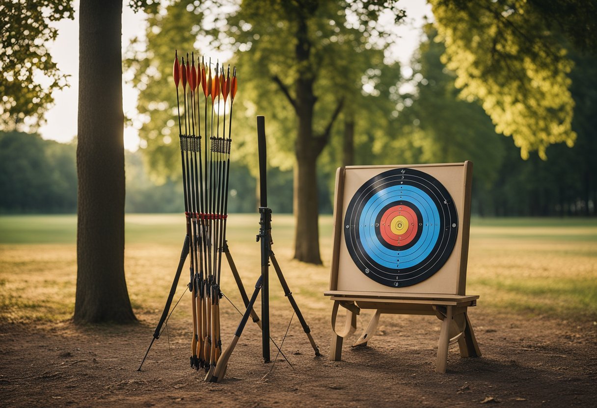 An archery target set up in a city park, with arrows in a quiver and a bow ready to be used