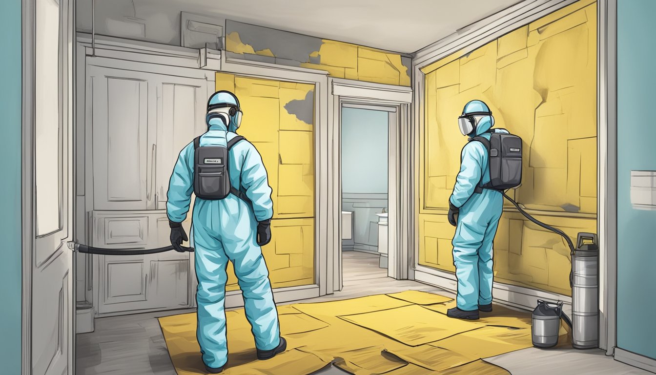 A technician wearing protective gear documents mold removal process in a room with contaminated walls and surfaces