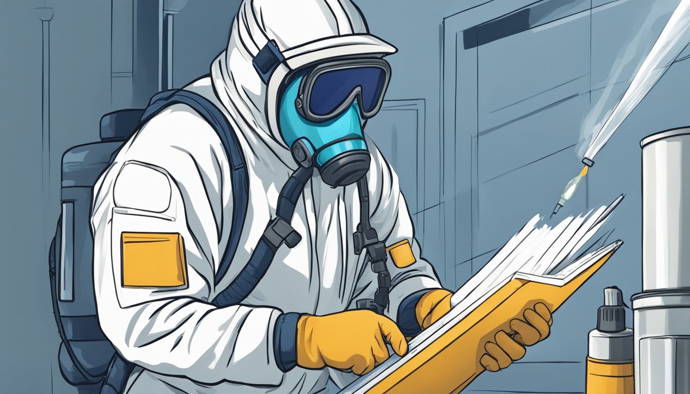 A technician wearing protective gear sprays a mold-infested area. They carefully document the process, taking notes and photos for accurate record-keeping