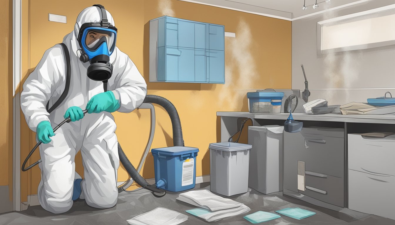 A technician wearing protective gear documents the mold remediation process in a room with mold-infested walls and equipment set up for removal