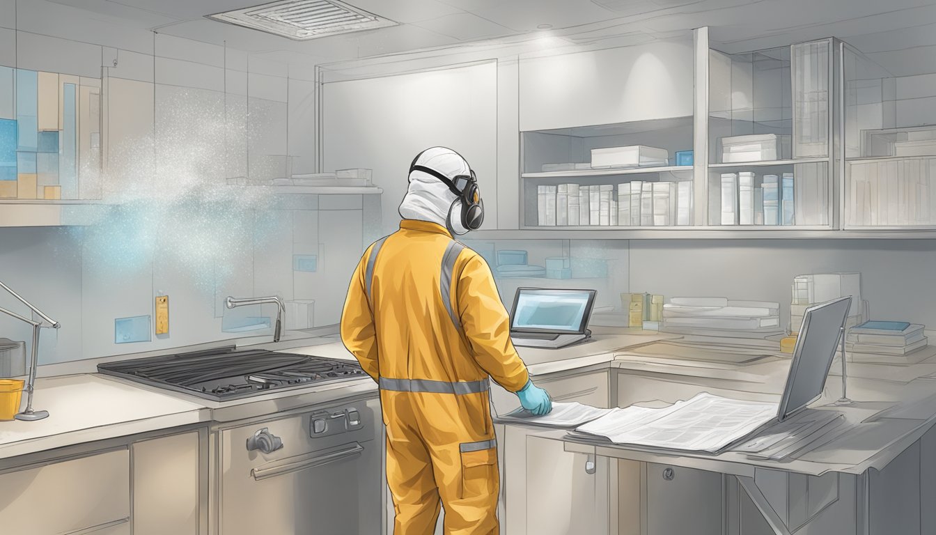 A technician wearing protective gear follows mold remediation protocols, documenting each step in a detailed report