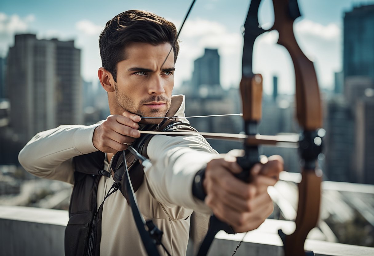 An archer aims bow within city limits, surrounded by buildings and urban landscape