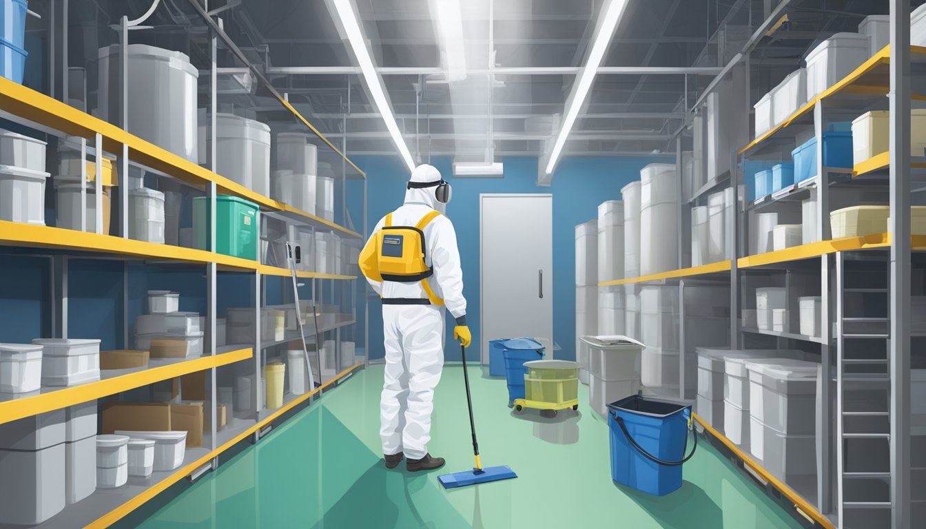 A technician wearing protective gear documents mold remediation process in a controlled facility. Equipment and cleaning supplies are visible