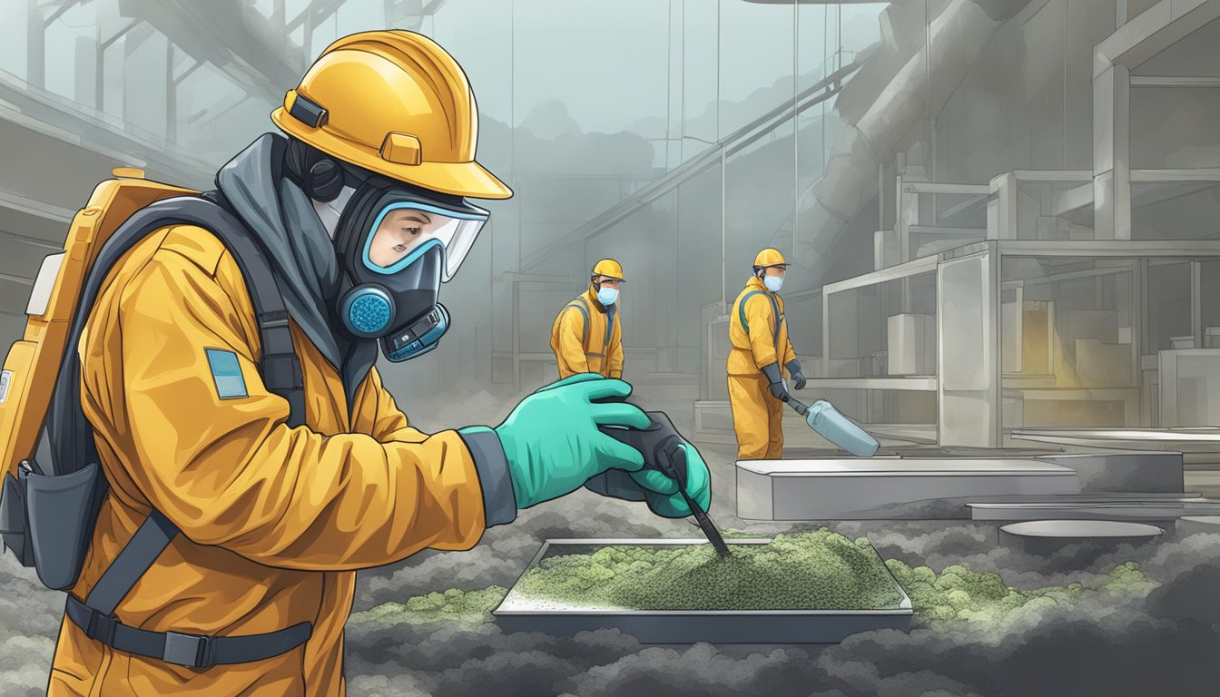 A technician wearing PPE uses advanced technology to detect and remove mold in a contaminated area