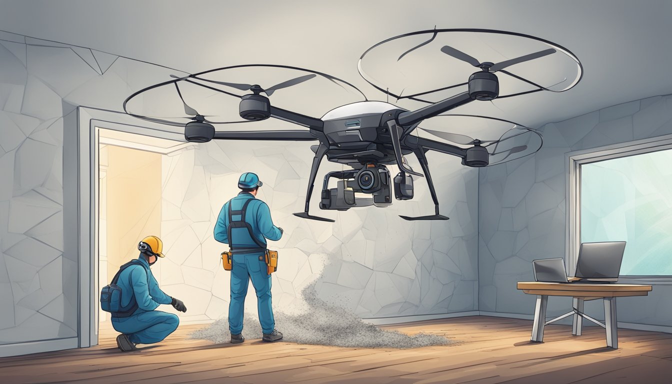 A technician uses advanced tools to remove mold from a wall, while a drone surveys the area for hidden mold