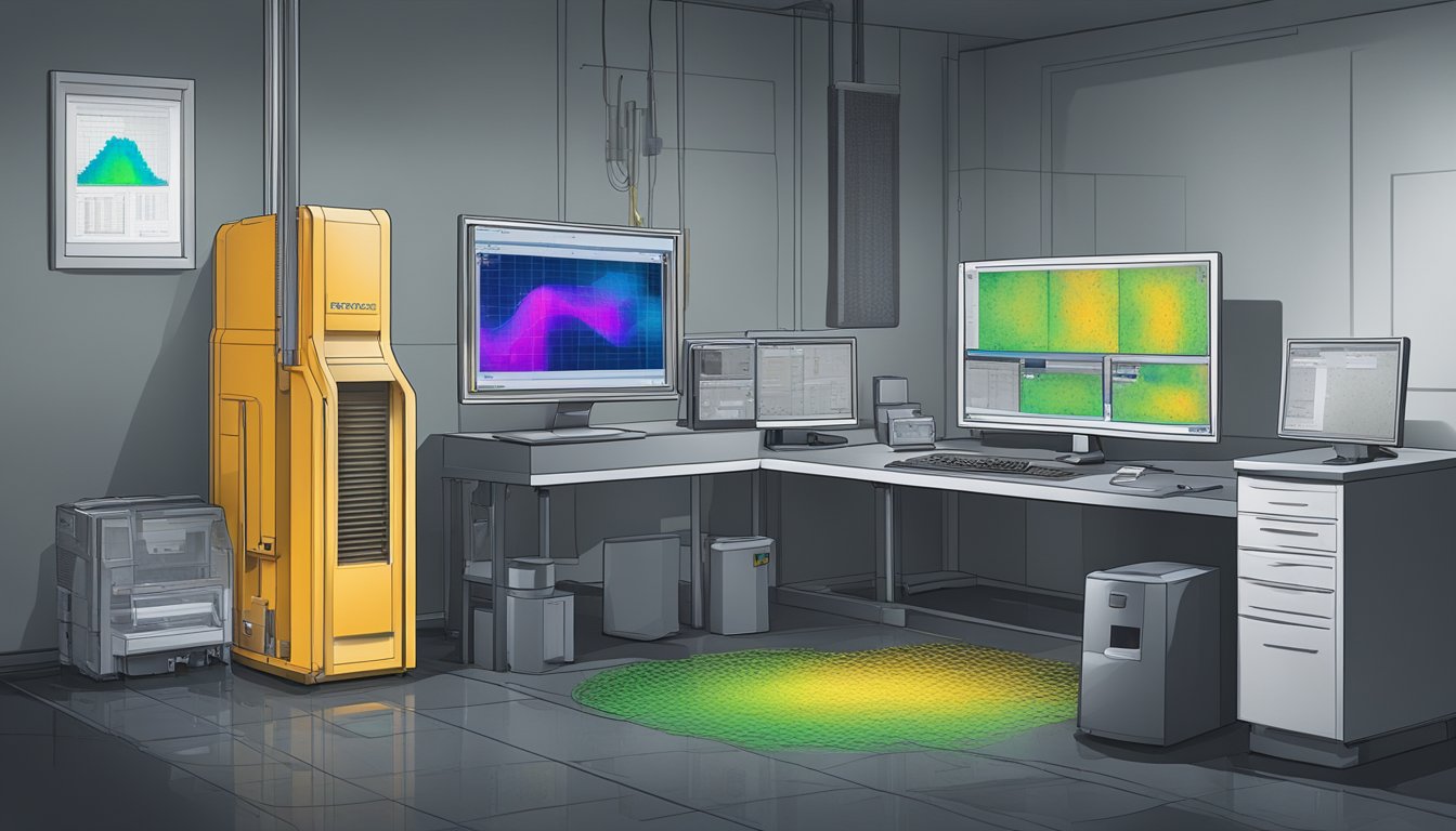 A high-tech mold detection device scans a damp, dark room, while a computer screen displays detailed mold analysis data