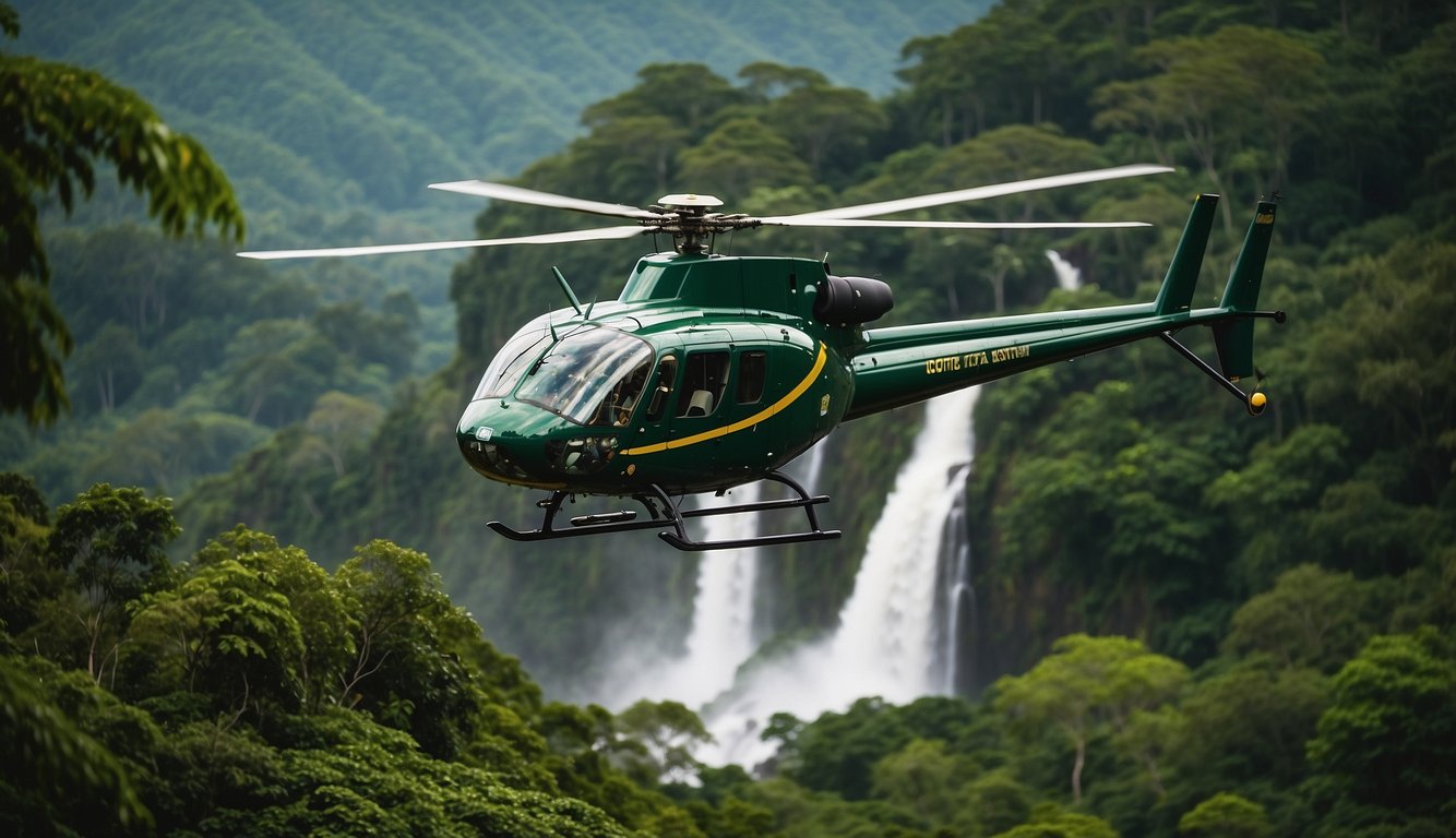 A helicopter hovers over lush rainforests, revealing cascading waterfalls and winding rivers in Costa Rica. The vibrant green landscape is dotted with exotic wildlife and vibrant flora