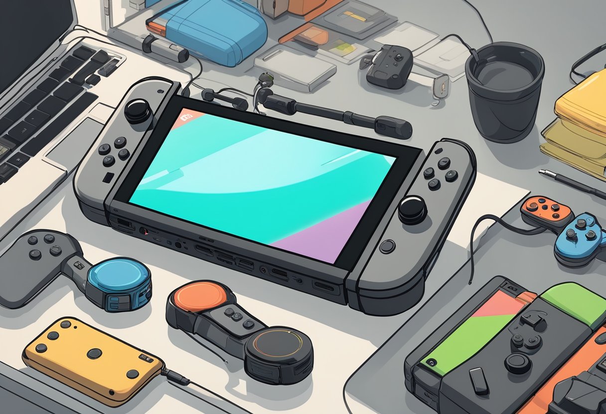 A Nintendo Switch sits on a table, its screen displaying a message indicating that it has been blacklisted. The device is surrounded by other gaming accessories and controllers