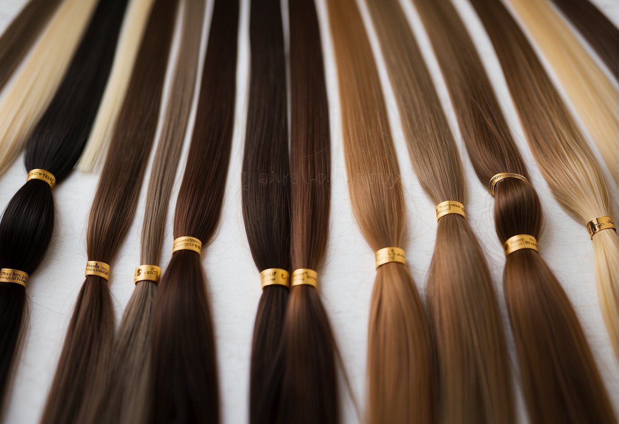 Various types of hair extensions displayed on a table with clips, tapes, and wefts in different lengths, colors, and textures