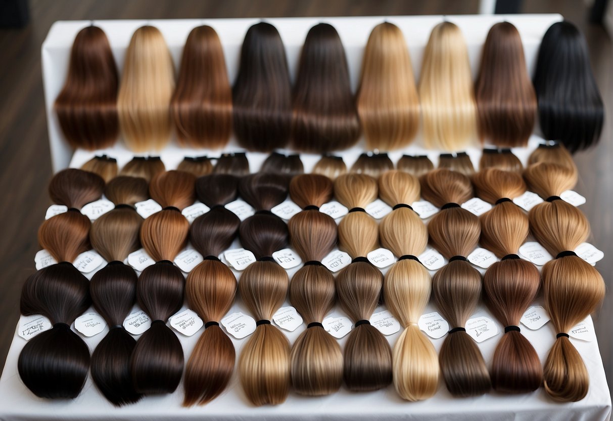 Various types of hair extensions displayed on a salon table. Clip-in, tape-in, and fusion extensions are neatly arranged for easy viewing