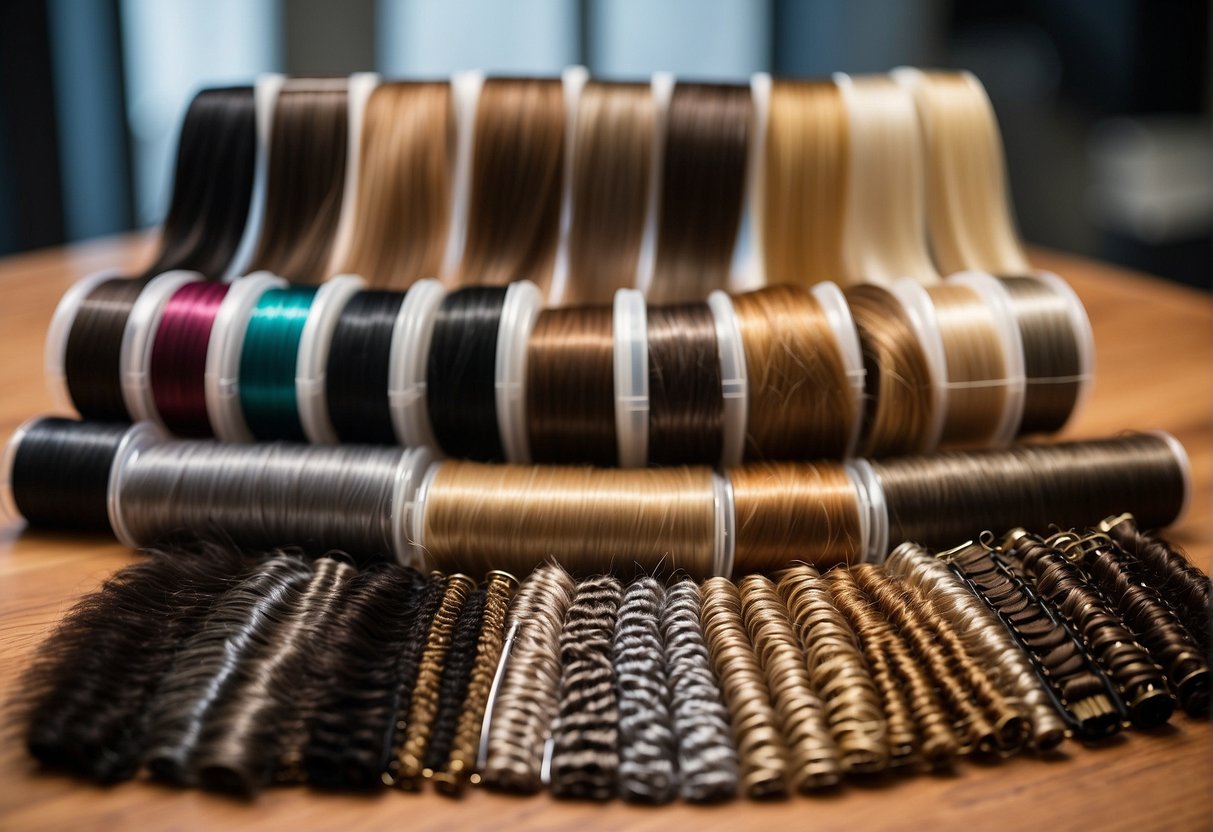 Various types of hair extensions displayed on a table: clip-in, tape-in, and fusion. Different colors and lengths are shown, along with tools and accessories