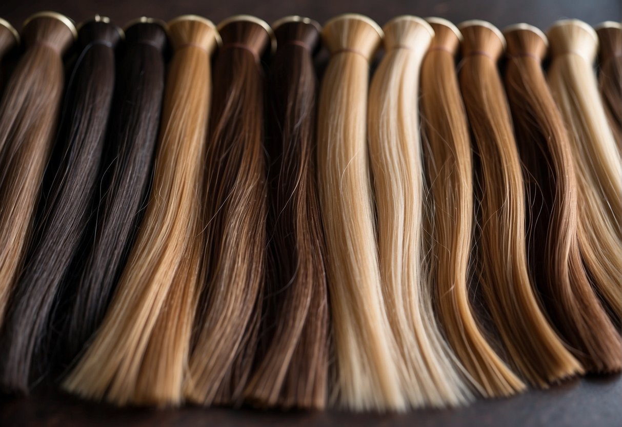A variety of hair extensions in different textures and lengths displayed on a table for selection