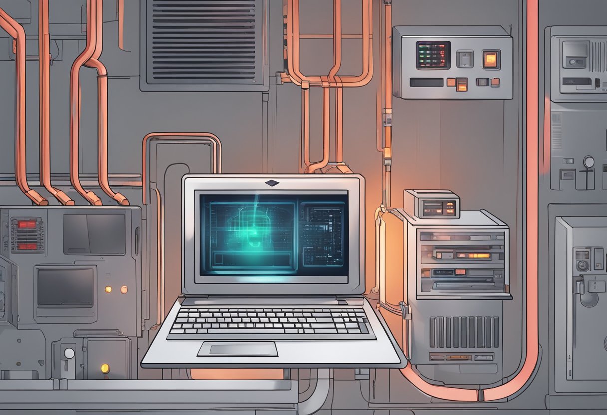 A computer with smoke coming out of its ventilation system, with a red warning light flashing on the CPU, and the system shutting down abruptly
