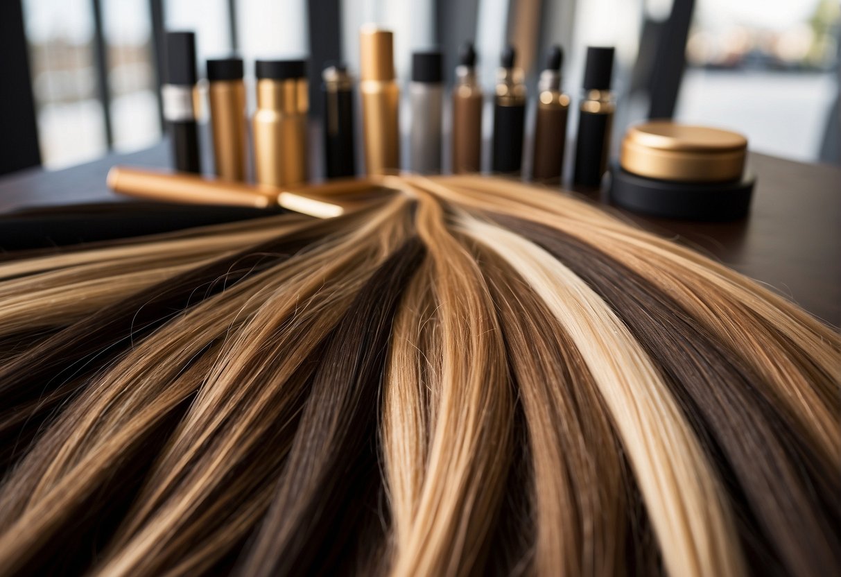 A table with various types of hair extensions spread out, including clip-ins, tape-ins, and keratin bond extensions