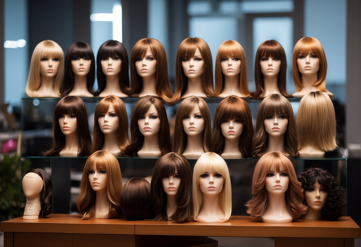 A table with various types of hair extensions displayed, including clip-ins, tape-ins, and wigs. Mannequin heads show before and after images of hair loss
