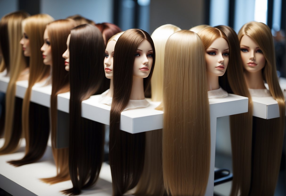 Various hair extension types displayed on mannequin heads in a trendy salon setting
