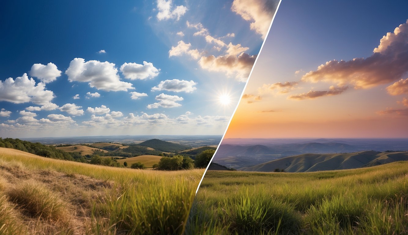 A serene landscape with a clear blue sky and fluffy white clouds, with a photo of a before and after image showing the sky being replaced with a new, vibrant and colorful sky