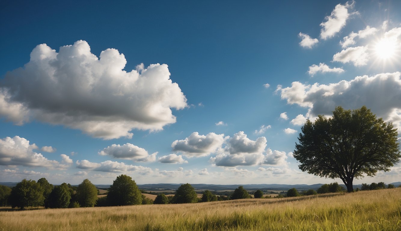 A serene landscape with a clear, blue sky and fluffy white clouds, ready to be replaced in a photo
