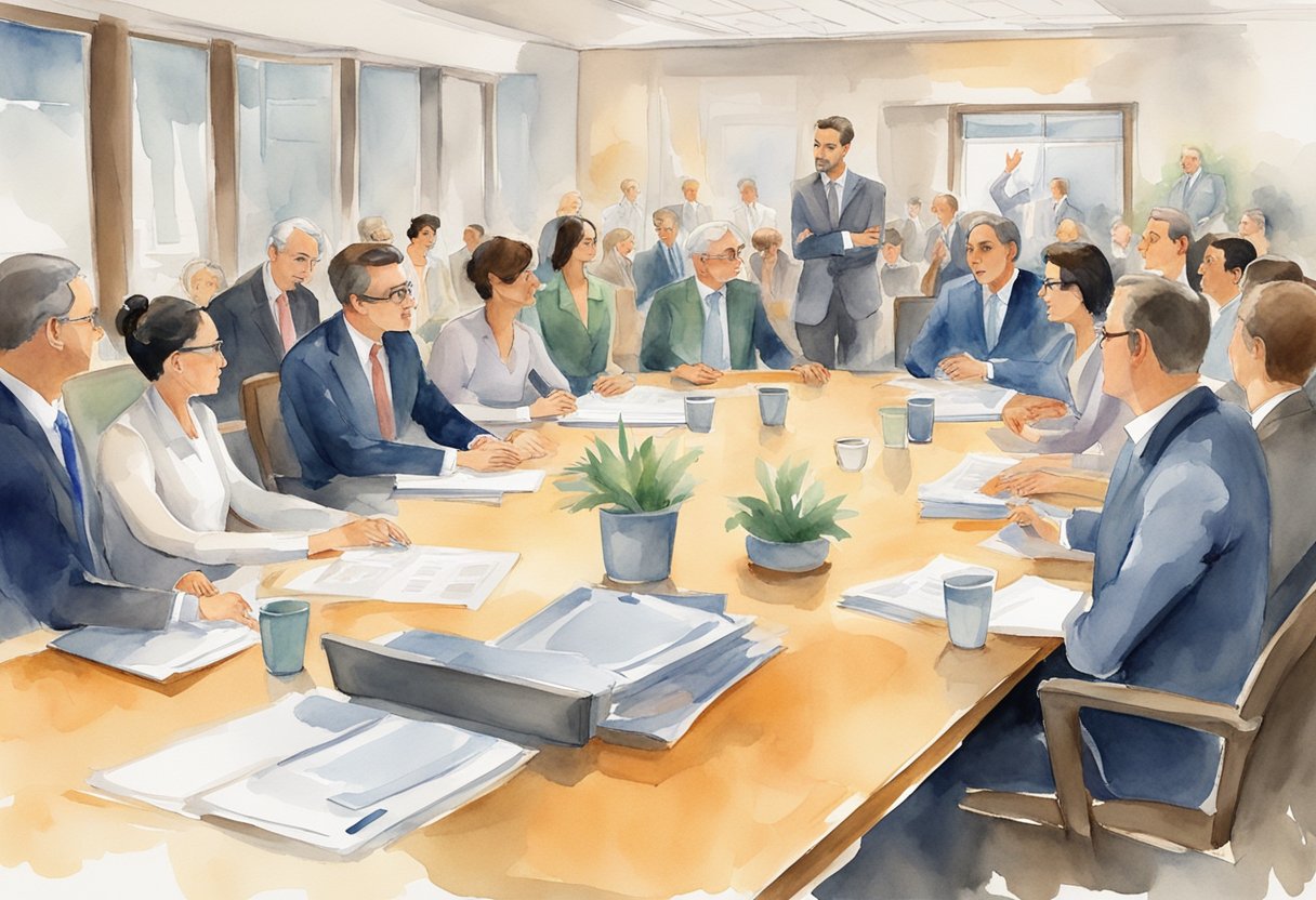 A group of professionals gather around a conference table, engaged in animated conversation, gesturing and sharing ideas. A leader stands at the head of the table, captivated audience listening intently