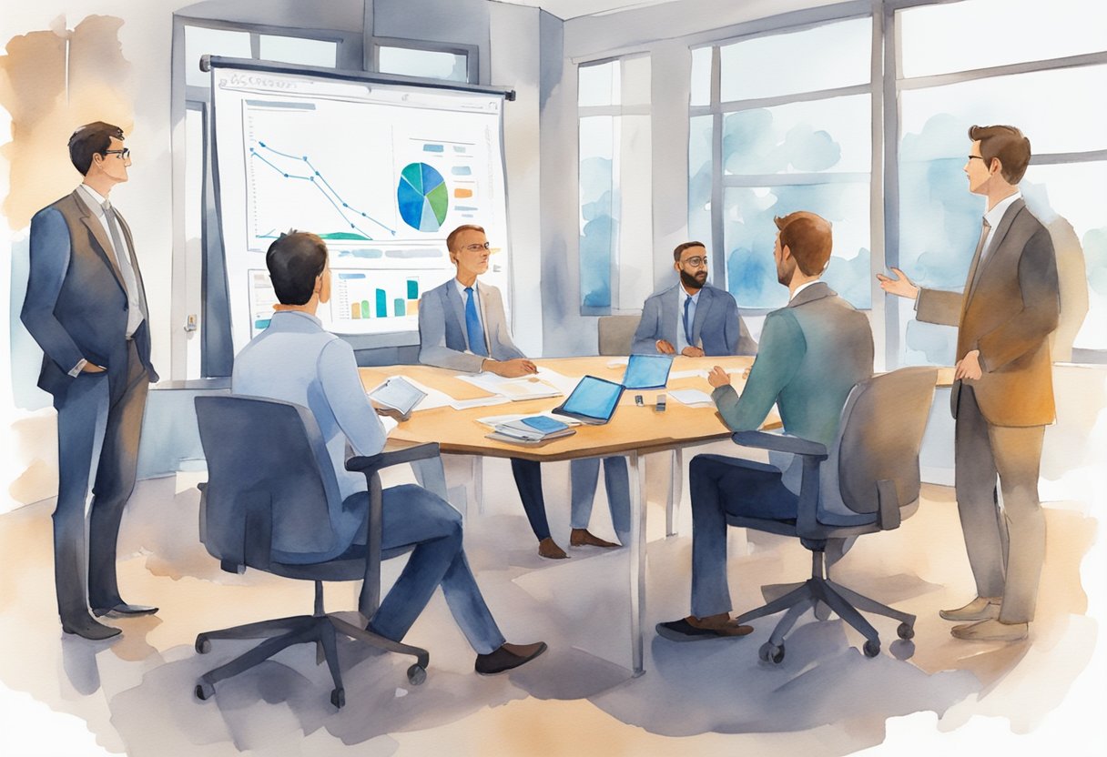 A group of business professionals gather around a conference table, engaged in animated conversation. Charts and graphs are displayed on a screen, while one person stands at the front, delivering a compelling story