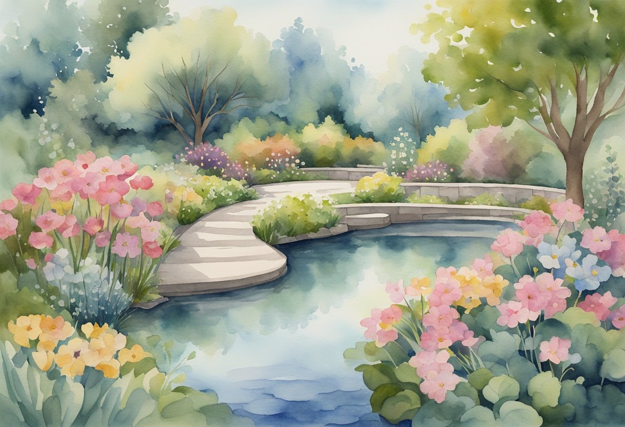 A serene garden with a winding path, blooming flowers, and a peaceful pond, symbolizing the balance between physical and mental wellness, resilience, and mortality