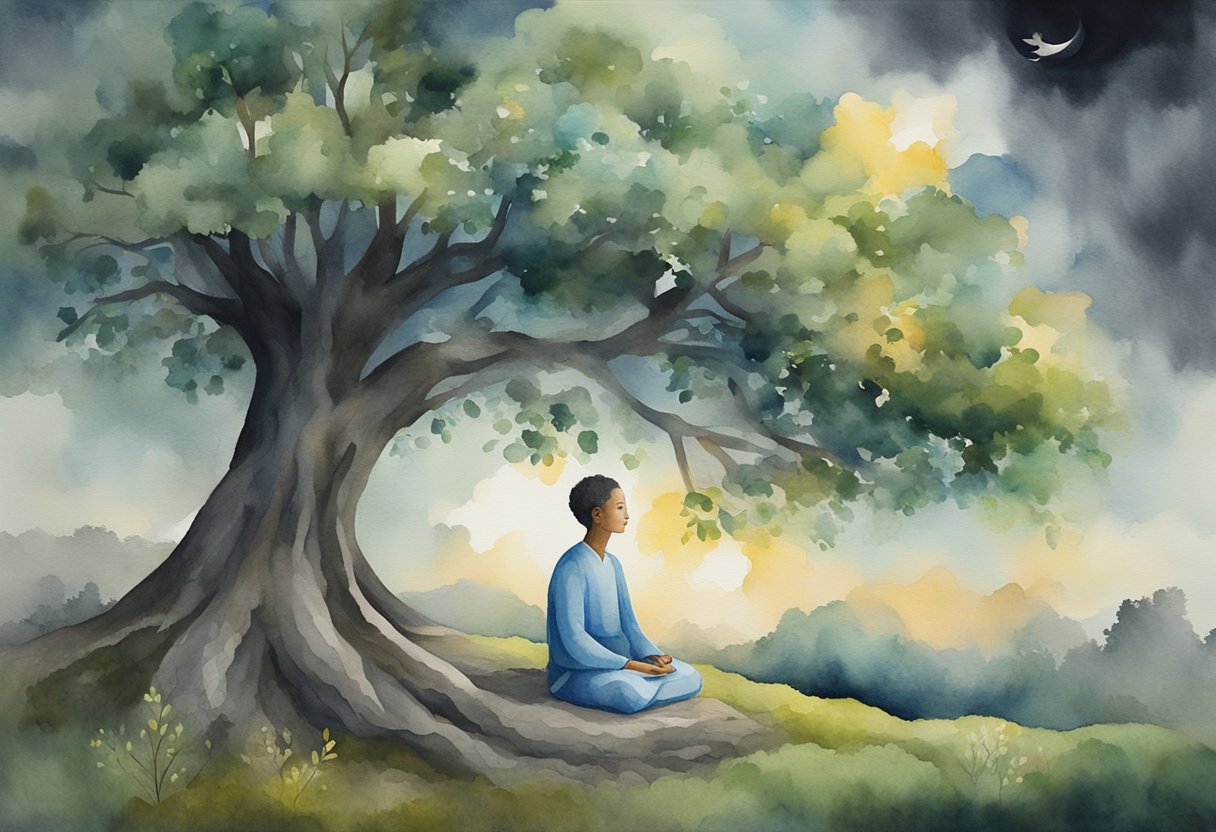 A serene figure meditates under a tree, surrounded by symbols of life and growth, while dark clouds loom in the distance