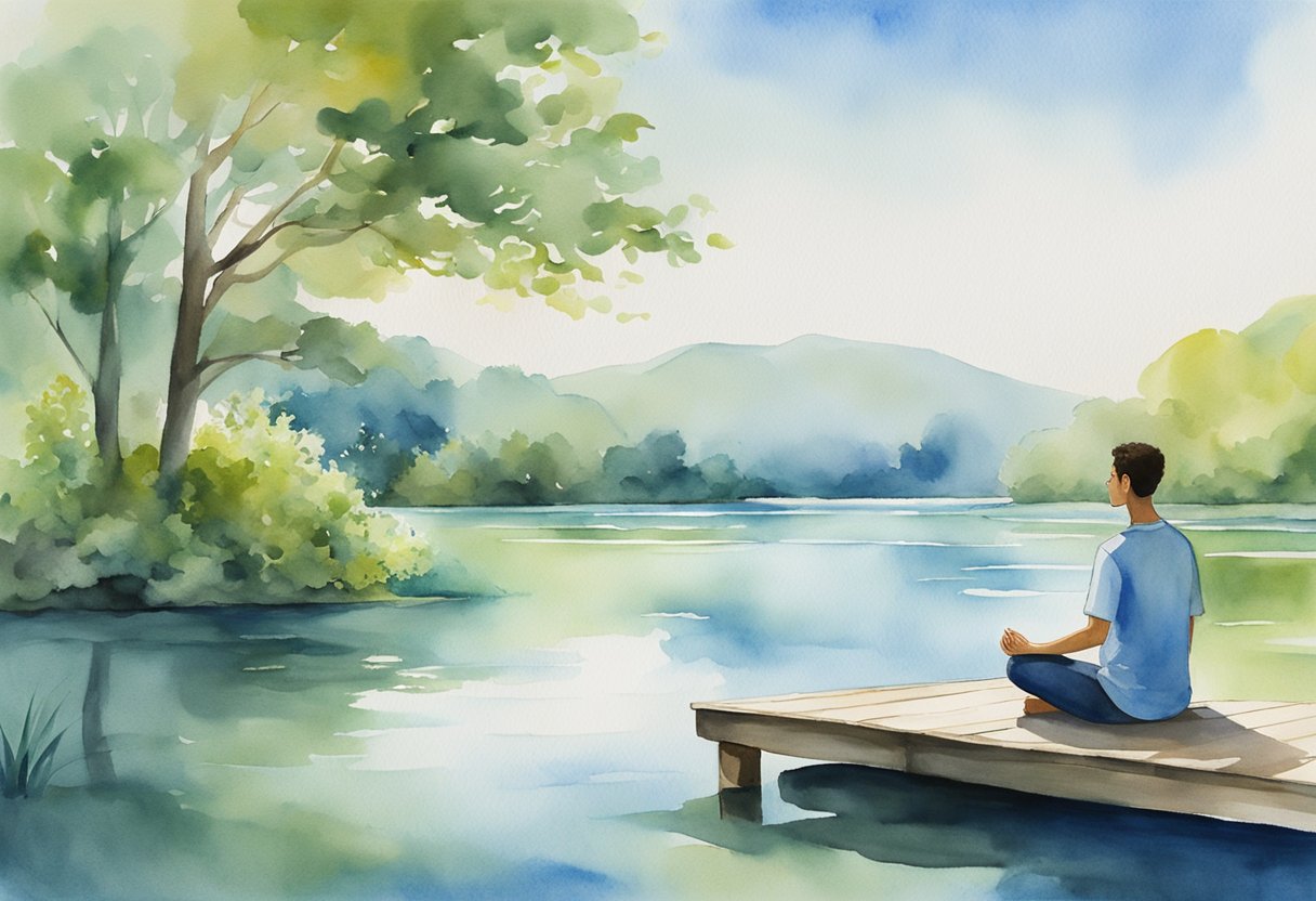 A serene landscape with a calm lake, lush greenery, and a clear blue sky. A figure meditates on a peaceful dock, surrounded by symbols of physical and mental wellness