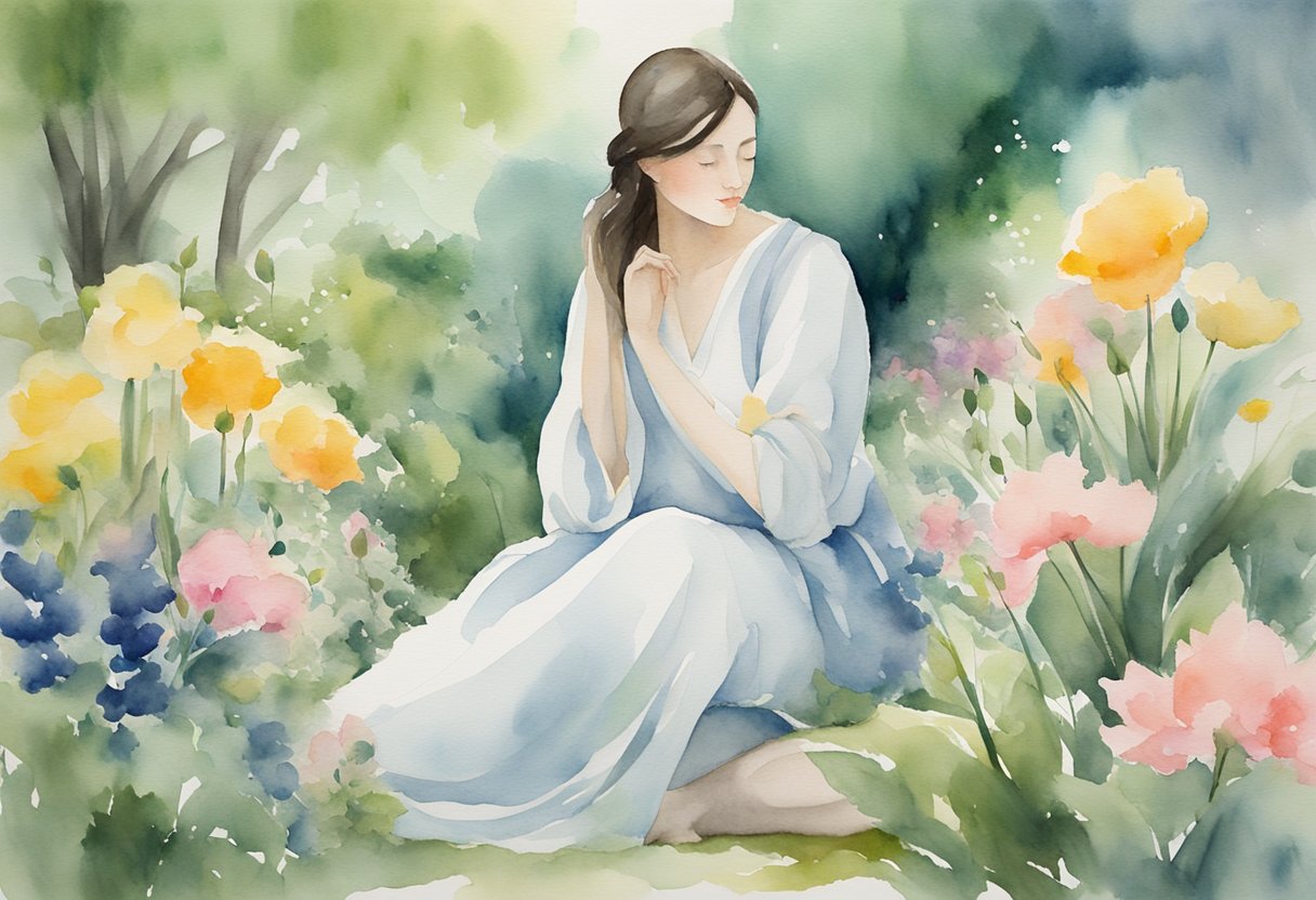 A serene figure sits in a peaceful garden, surrounded by blooming flowers and soothing nature sounds. The figure exudes strength and resilience, embodying the balance between physical and mental wellness in the face of mortality