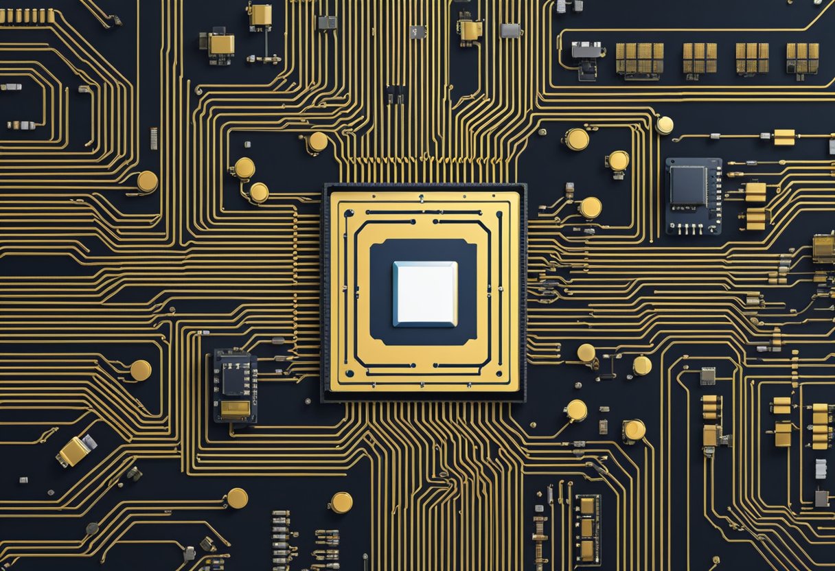 A CPU sits at the center of a circuit board, surrounded by various components. Lines of code flow into the CPU, which processes and executes them