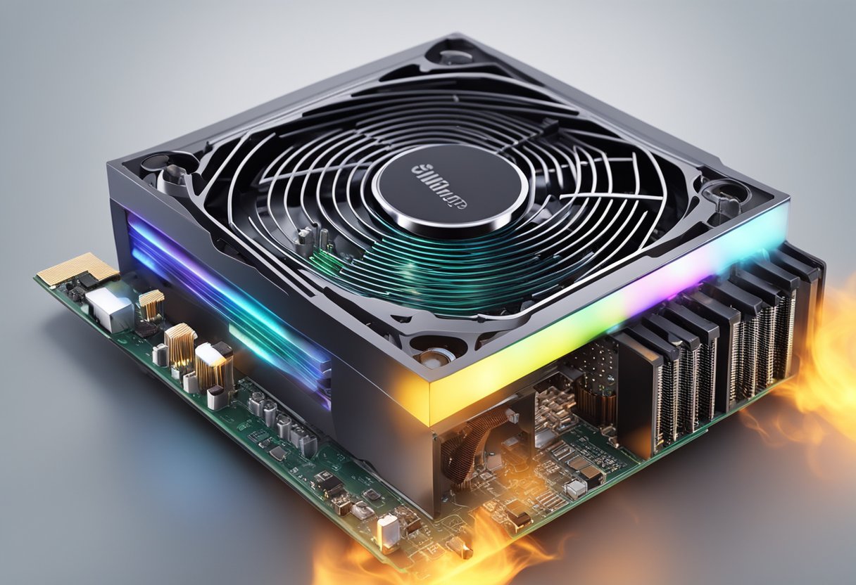 A computer's CPU overheats, emitting smoke and flames