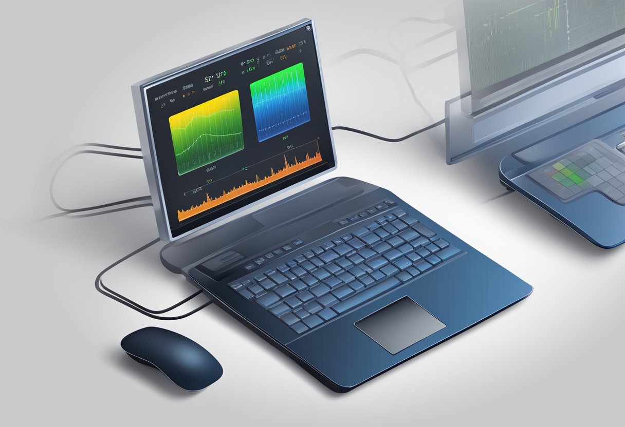 A computer with a temperature gauge displaying fluctuating readings