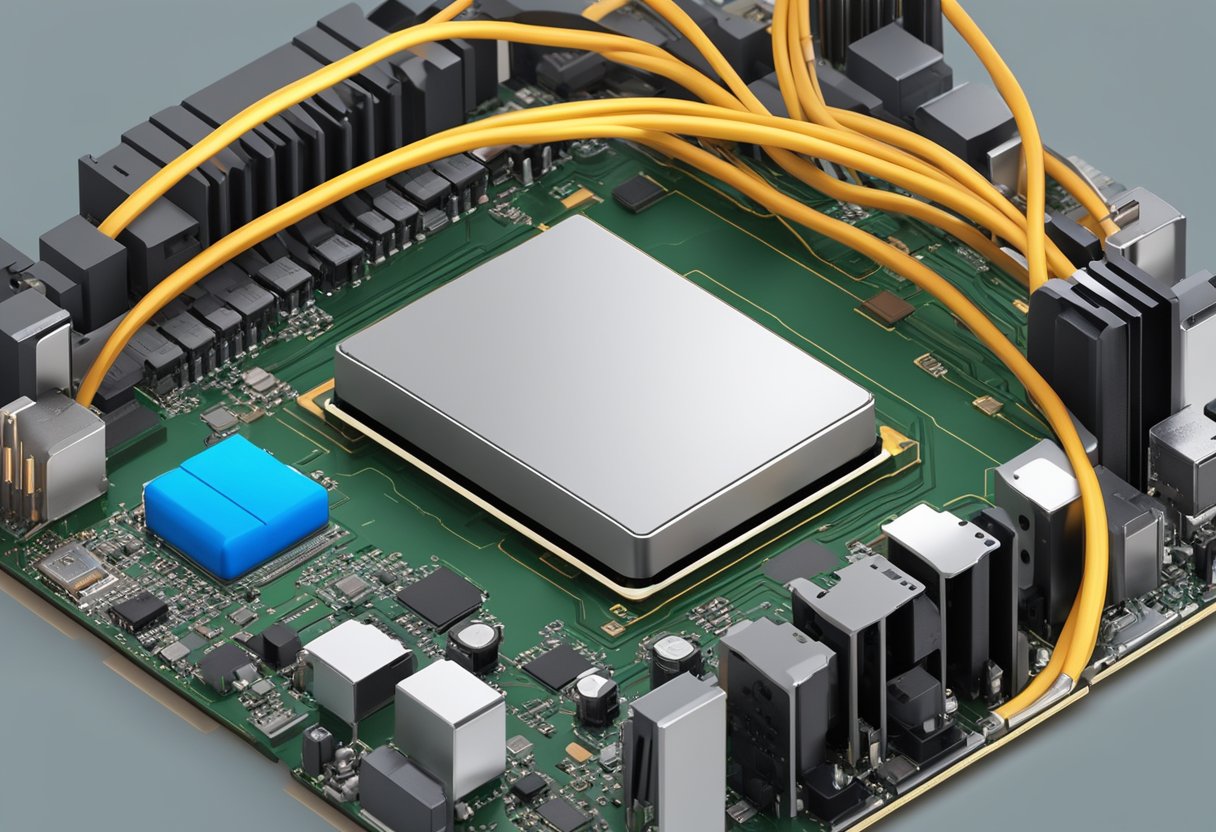 A CPU with wires connected to a motherboard, without a hard drive, but with other essential components such as RAM and a power supply