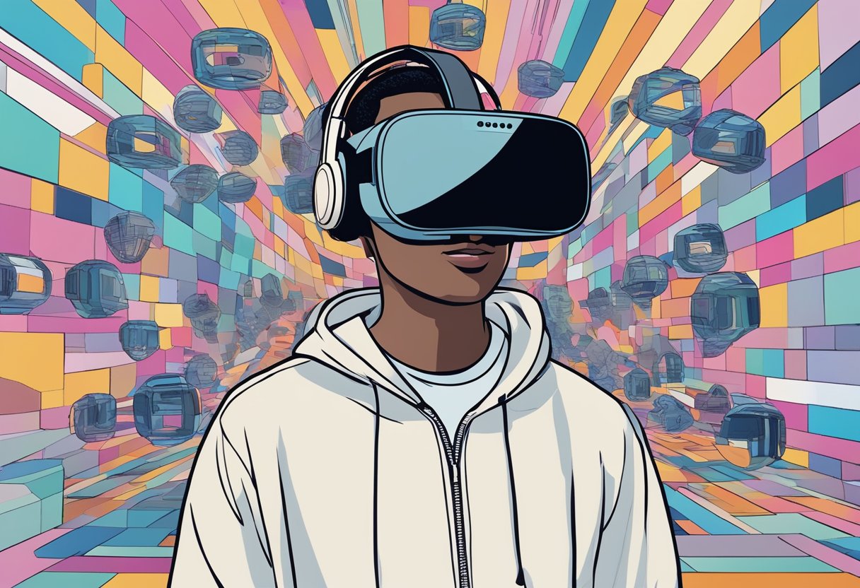 A person wearing an Oculus headset, surrounded by virtual reality environments and digital avatars, exploring the possibilities of the metaverse
