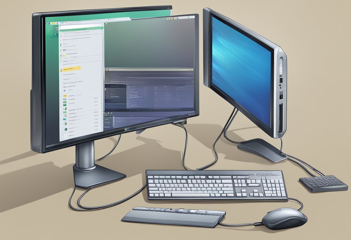 A computer monitor connected to a desktop PC using a VGA cable