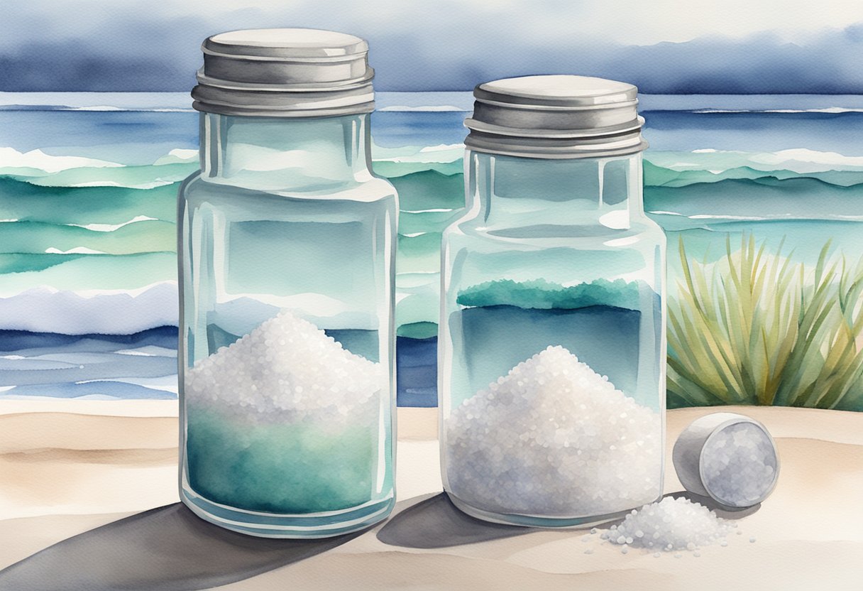 A clear glass shaker filled with Celtic sea salt next to a plain white shaker filled with table salt, with a background of a serene ocean scene