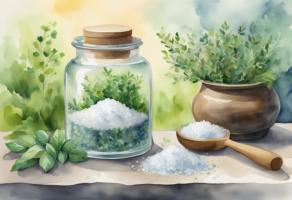 A clear glass jar filled with Celtic sea salt, surrounded by fresh herbs and a mortar and pestle
