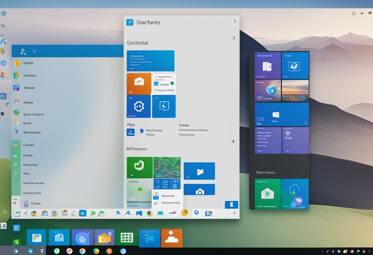 A cursor hovers over the Windows 11 Start button, then clicks to reveal the full-screen Start menu with various app icons and tiles