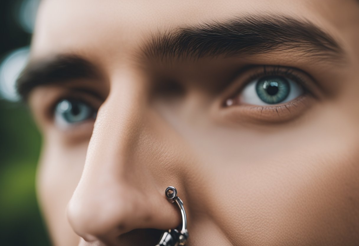 A flat-nosed person with a nose piercing, showing the angle and placement of the piercing