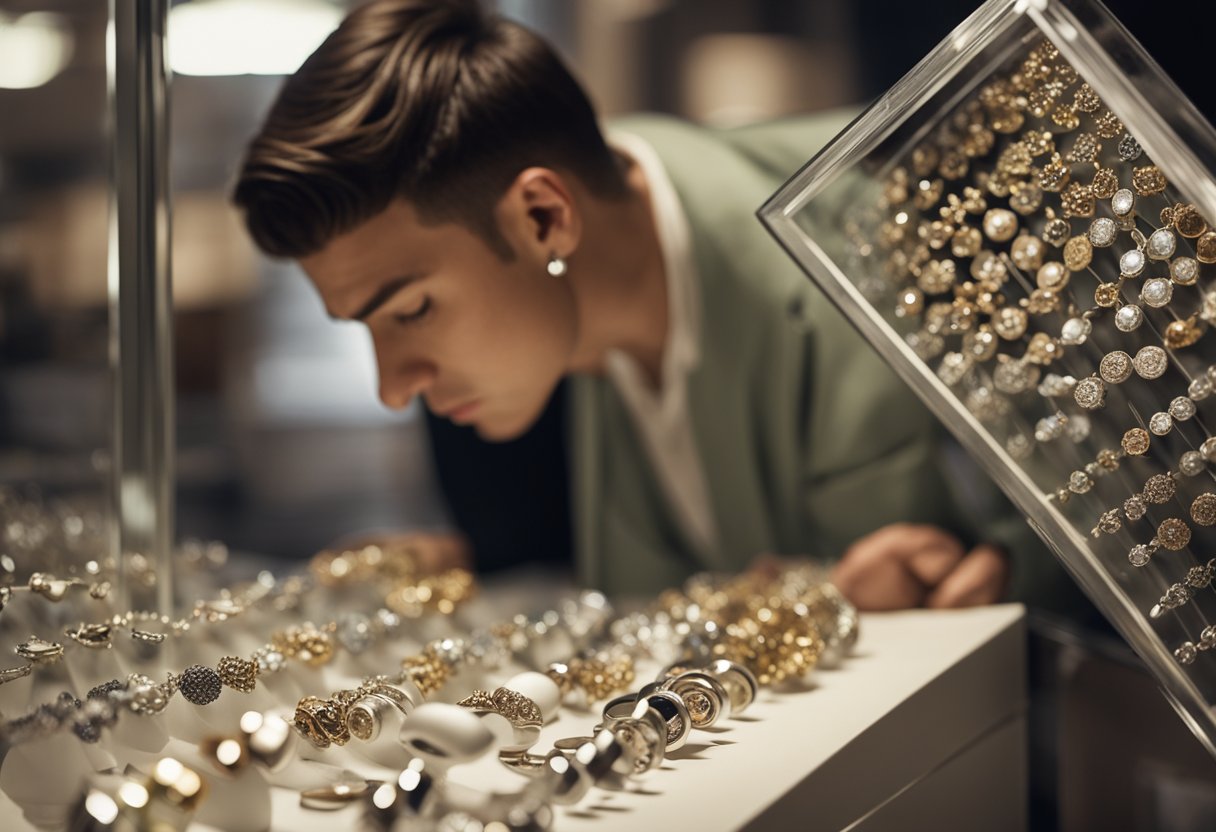 A flat-nosed individual carefully selects a nose piercing from a display of jewelry