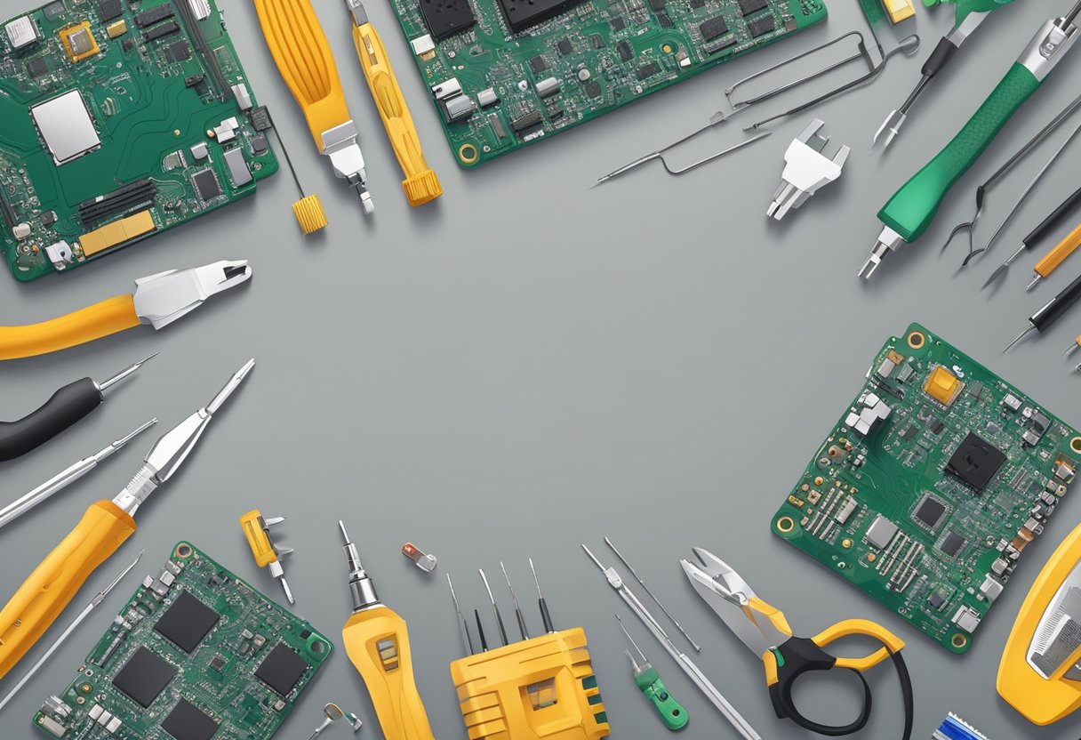 Motherboard with visible damage, soldering iron, and repair tools on workbench