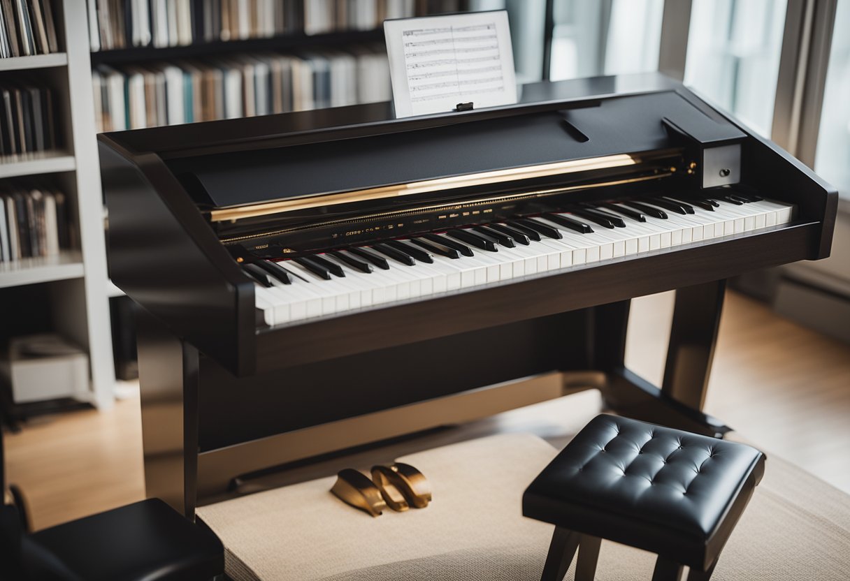A digital piano surrounded by music books and a metronome on a clean, well-lit table