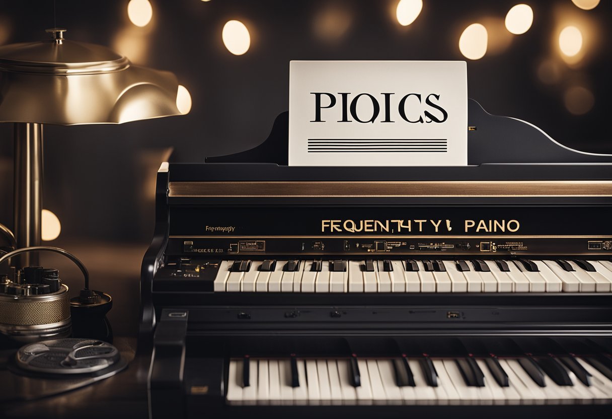 A digital piano surrounded by various musical accessories with a "Frequently Asked Questions" banner in the background